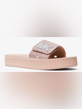 •MICHAEL KORS•NWT BLUSH PINK GLITTER MK LOGO VELCRO PLATFORM SLIDE SANDAL SIZE 7